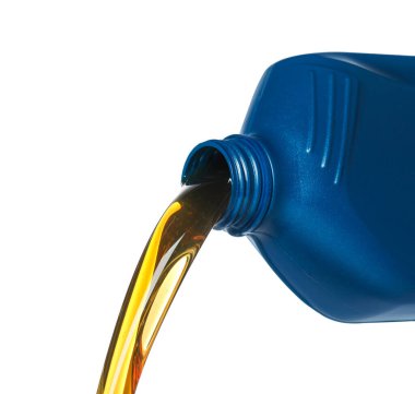 Pouring motor oil from blue container on white background, closeup