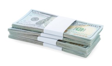 Beyaz üzerine izole edilmiş bir deste dolar. Amerikan ulusal para birimi