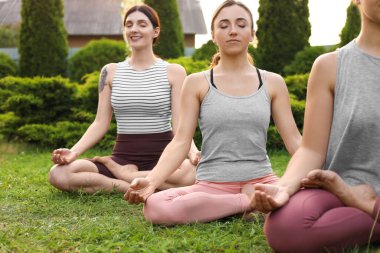 Young women meditating on green grass outdoors. Morning yoga