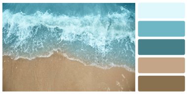 Color palette appropriate to photo of sandy beach and sea, top view