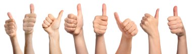 Collage with photos of people showing thumbs up gestures on white background. Banner design