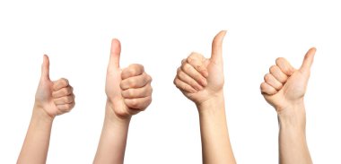 Collage with photos of people showing thumbs up gestures on white background. Banner design