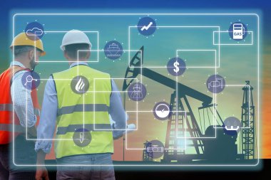 Professional engineers, illustration of different icons and gas pumps silhouettes on background