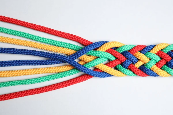 Плетеные Разноцветные Веревки Изолированные Белом Вид Сверху Концепция Единства — стоковое фото