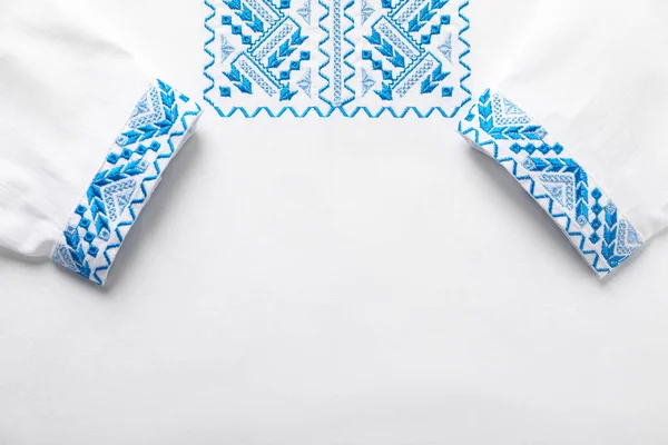 Beautiful White Shirt Light Blue Ukrainian National Embroidery Top View — Stockfoto