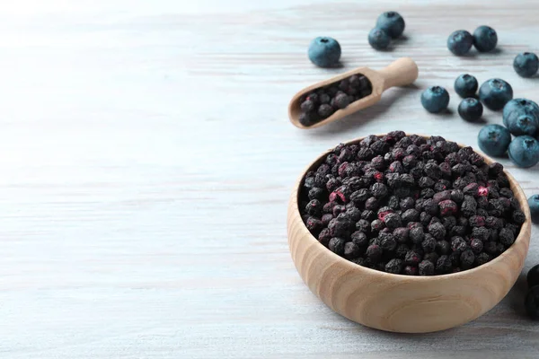 Freeze Dried Fresh Blueberries White Wooden Table Space Text — Stockfoto