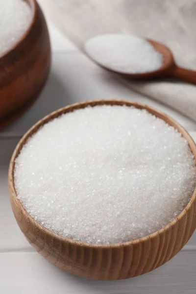 Granulated Sugar Bowl White Wooden Table Closeup — Stockfoto