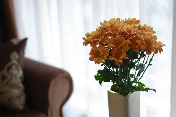 Bouquet Beautiful Chrysanthemum Flowers Vase Indoors Closeup Space Text — Φωτογραφία Αρχείου