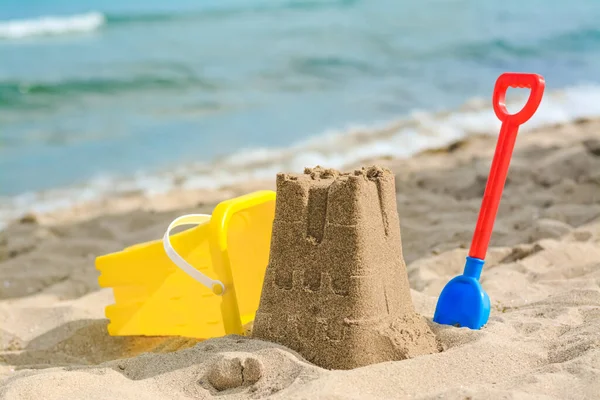 Beautiful Sand Castle Child Plastic Shovel Bucket Beach Sea — Stok fotoğraf