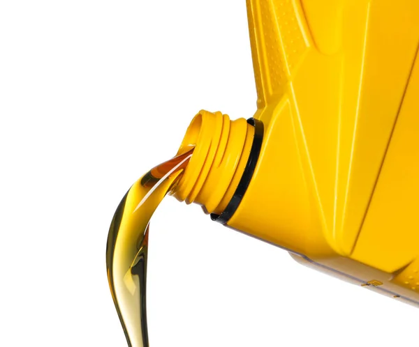 Pouring Motor Oil Yellow Container White Background Closeup — Stockfoto