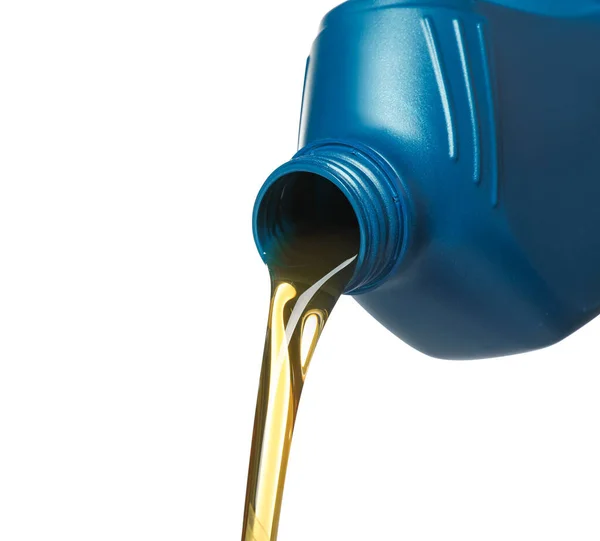 Pouring Motor Oil Blue Container White Background Closeup — Foto de Stock
