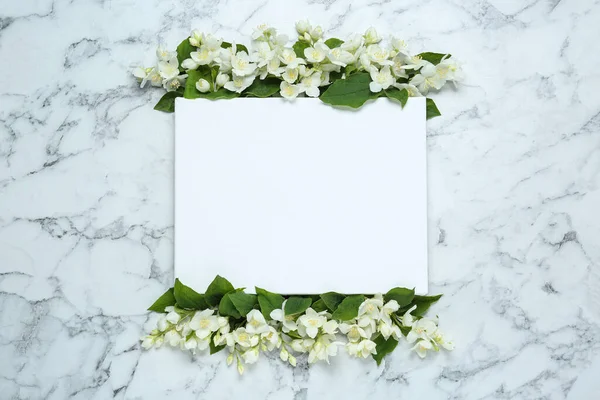 Blank Canvas Beautiful Jasmine Flowers White Marble Table Flat Lay — ストック写真
