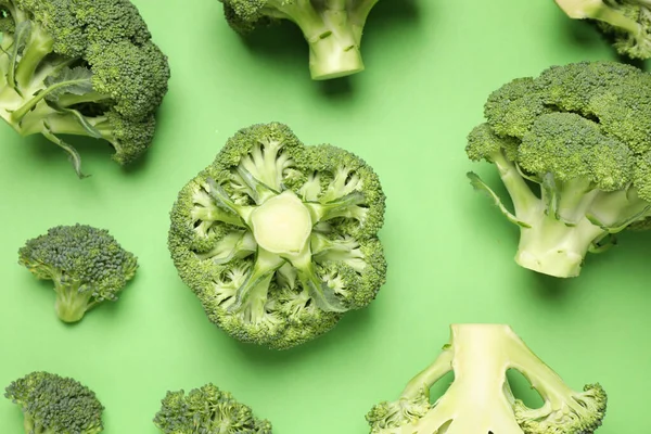 Fresh Broccoli Green Background Flat Lay — ストック写真