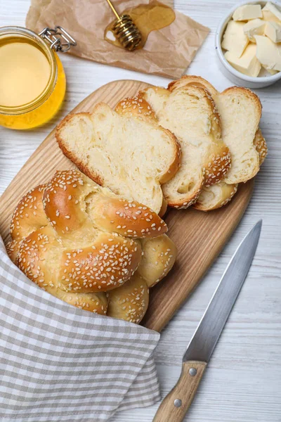 Cut Freshly Baked Braided Bread Honey Butter White Wooden Table — Fotografia de Stock