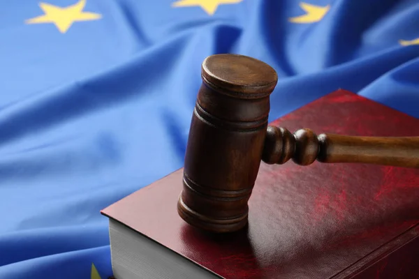 Wooden Judge Gavel Book Flag European Union Closeup Space Text — Stockfoto