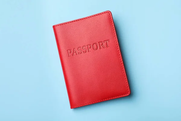 Passport Red Leather Case Light Blue Background Top View — 图库照片