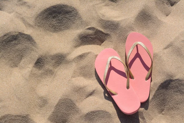Stylish Flip Flops Sandy Beach Flat Lay Space Text — Photo