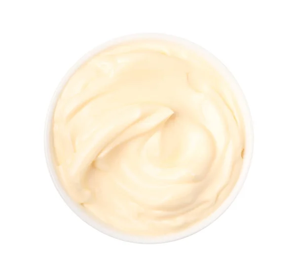 Tasty Mayonnaise Bowl Isolated White Top View — Φωτογραφία Αρχείου