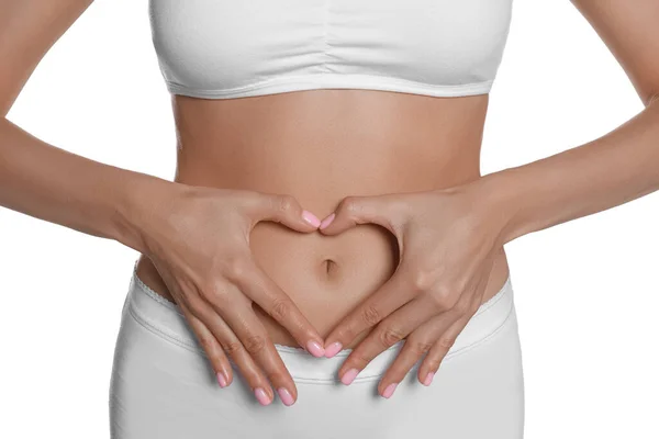 Woman Underwear Making Heart Hands Her Belly White Background Closeup — Stock fotografie