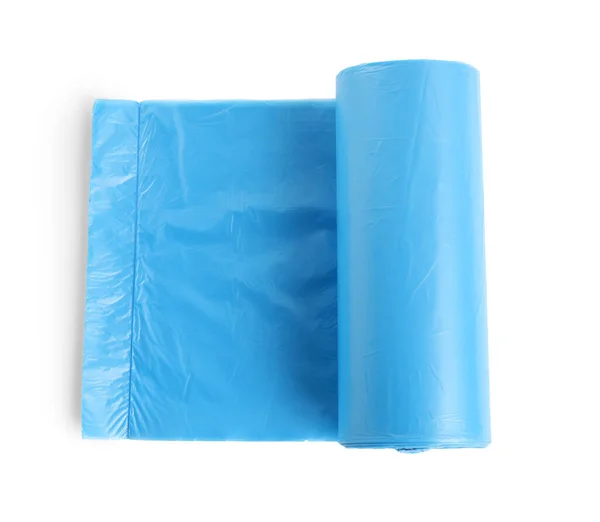 Roll Turquoise Garbage Bags White Background Top View Cleaning Supplies — Stok fotoğraf