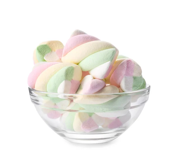 Delicious Colorful Marshmallows Glass Bowl Isolated White — Fotografia de Stock