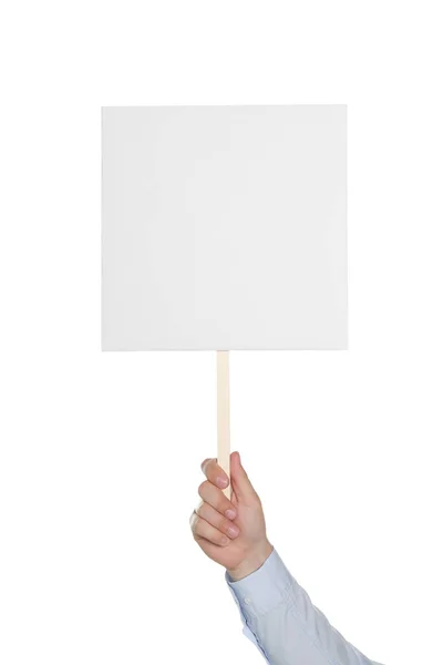 Man Holding Blank Protest Sign White Background Closeup — Stock Photo, Image