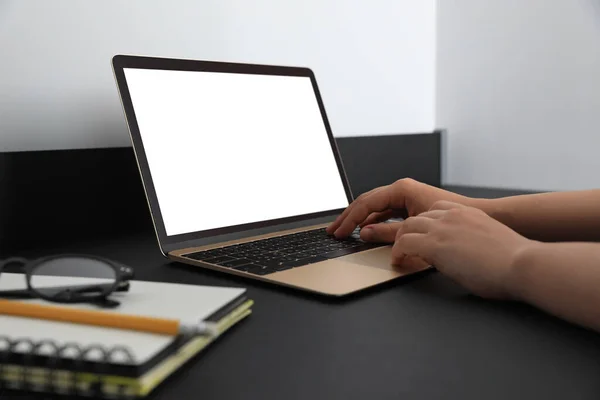 Woman Working Modern Laptop Black Table Closeup Space Design — 图库照片