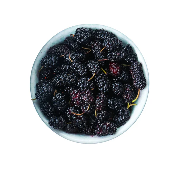 Bowl Delicious Ripe Black Mulberries Isolated White Top View — Fotografia de Stock