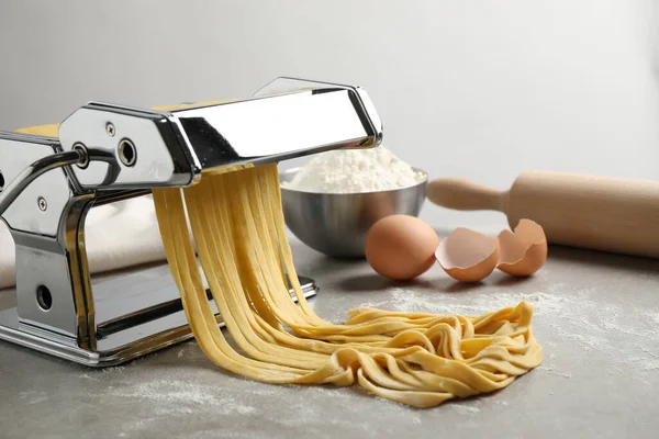 Pasta Maker Machine Dough Products Grey Table — Stock Photo, Image