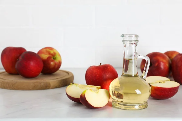 Natural Apple Vinegar Fresh Fruits White Marble Table Space Text — стоковое фото