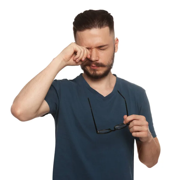 Young Man Suffering Eyestrain White Background — Stockfoto
