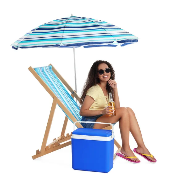 Happy Young African American Woman Bottle Beer Resting Deck Chair — ストック写真