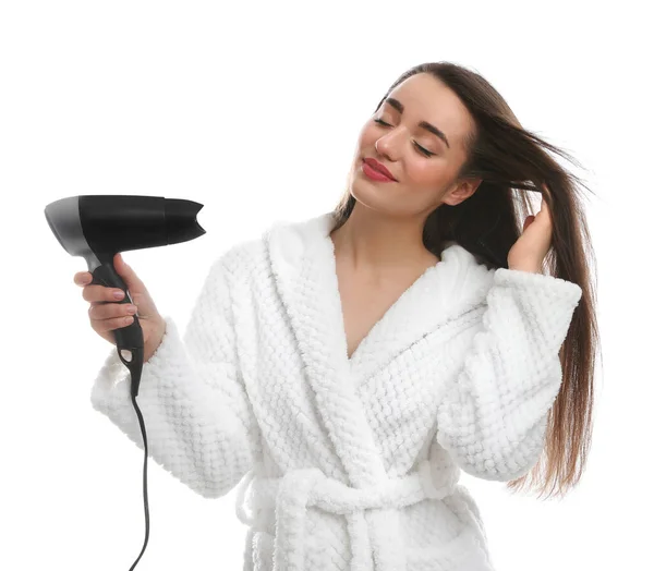Beautiful Young Woman Using Hair Dryer White Background — Stock Photo, Image