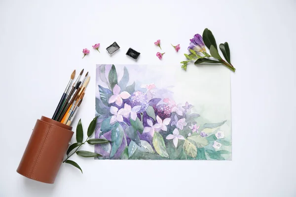 Composição Leigos Planos Com Tintas Aquarela Imagem Floral Sobre Fundo — Fotografia de Stock