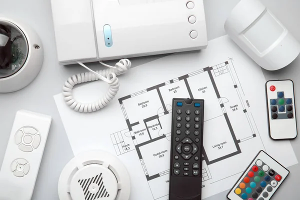 Remote Controls Intercom Building Plan Smoke Movement Detectors White Background — Stockfoto