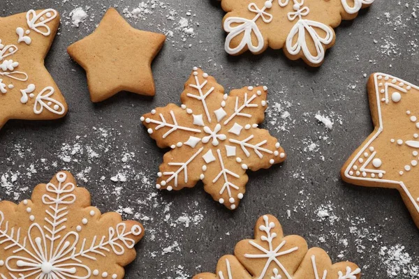 Tasty Christmas Cookies Grey Table Flat Lay — Stock Photo, Image