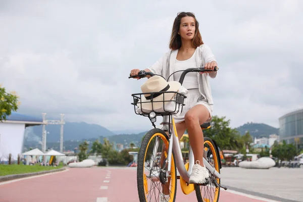 Beautiful Young Woman Riding Bicycle Lane City Space Text — Stockfoto