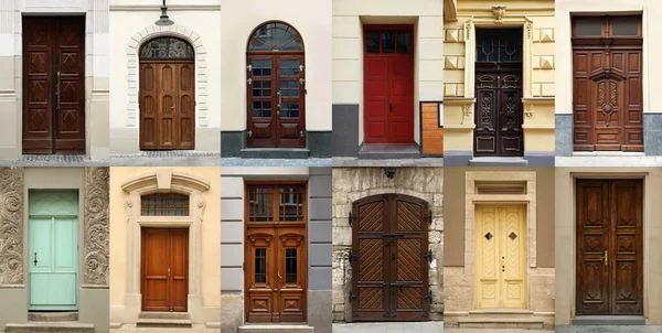 Collage Photos Old Buildings Elegant Wooden Front Doors Banner Design — Foto de Stock