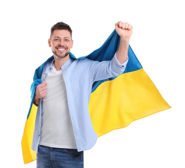 Man Med Flagga Ukraina Vit Bakgrund — Stockfoto