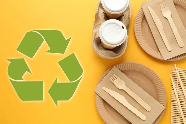Flat Lay Composition Eco Friendly Tableware Recycling Symbol Yellow Background — Stock fotografie