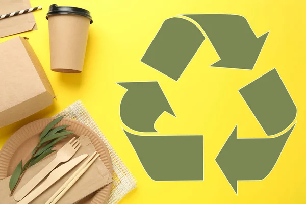 Flat Lay Composition Eco Friendly Tableware Recycling Symbol Yellow Background — Stockfoto