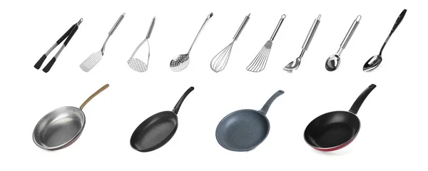 Set Pans Kitchen Utensils White Background Banner Design — Foto Stock