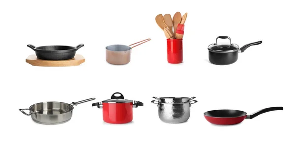 Set Pans Cookware Kitchen Utensils White Background Banner Design — Stock Photo, Image