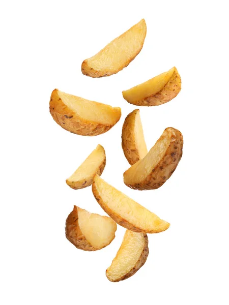 Tasty Baked Potatoes Falling White Background — ストック写真