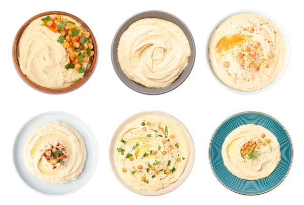 Set Tasty Hummus White Background Top View — Stockfoto