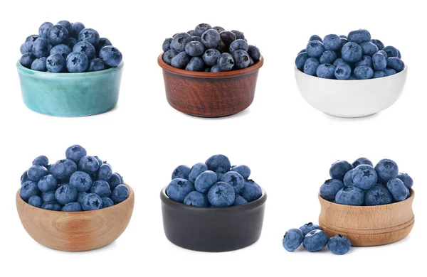 Set Tasty Fresh Ripe Blueberries White Background — Photo