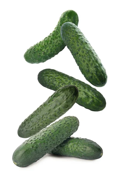 Fresh Green Cucumbers Falling White Background — Zdjęcie stockowe