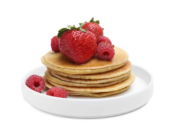 Tasty Pancakes Fresh Berries Honey White Background — Stock Photo, Image
