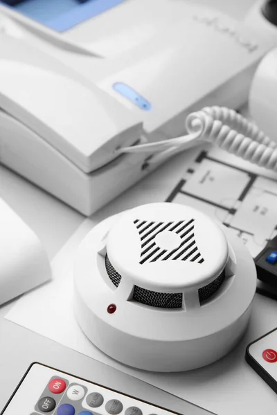Smoke Detector Remote Controls White Background Closeup Home Security System — Stok fotoğraf