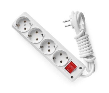 Power strip isolated on white, top view. Electrician's equipment